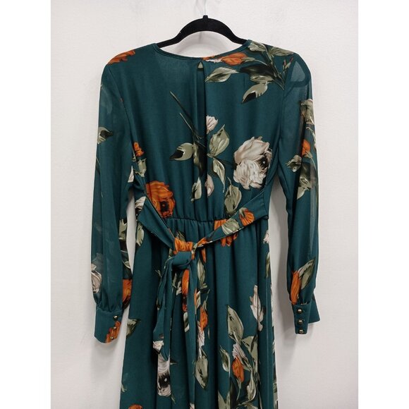 Baltic Born Maxi Dress Size Small Teal Floral BOHO Cottage Long Sleeve V-Neck - Picture 7 of 9